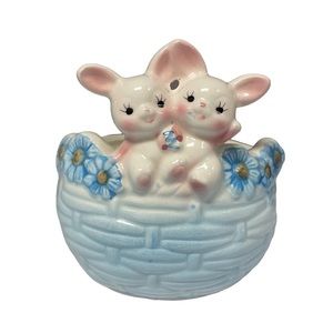 TWO Bunnies Easter Planter Or Candy Dish Pink And Blue